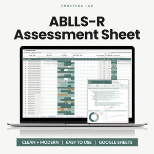 Op de afbeelding: Een laptopscherm met het ABLLS-R Assessment Sheet van Prospera Lab, een digitaal scoreoverzicht met groene en beige datavakken. Een kleiner venster toont een voortgangsgrafiek. Tekst onderaan: CLEAN + MODERN | EASY TO USE | GOOGLE SHEETS.