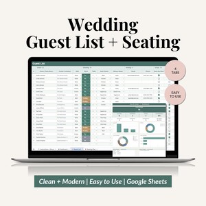 May include: A digital wedding guest list and seating chart template displayed on a laptop screen. The interface features columns for guest names, RSVP status, meal choices, and contact details. Two circular badges indicate 4 tabs and easy to use.