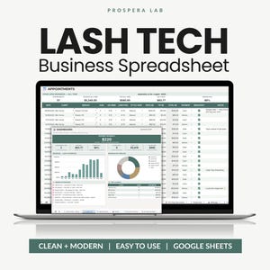 Może przedstawiać: Ekran laptopa wyświetlający arkusz kalkulacyjny Prospera Lab Lash Tech Business, zawierający rejestr wizyt oraz pulpit nawigacyjny z wykresami, danymi o przychodach i informacjami o klientach. Interfejs utrzymany jest w ciemnozielonej kolorystyce.