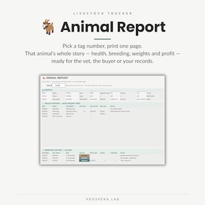 Pu&ograve; includere: Un modello digitale di rapporto animale per il monitoraggio del bestiame con un'icona di capra e testo. Il documento include sezioni per profilo, storia sanitaria e storia riproduttiva, con un peso attuale indicato di 84,0 lbs nel campo.