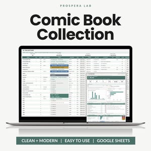 Op de afbeelding: Een laptopscherm met een Prospera Lab Comic Book Collection spreadsheet-sjabloon in Google Sheets. De interface bevat een gedetailleerde inventarislijst met kolommen voor uitgave, staat en waarde, naast een dashboard met gegevensgrafieken.