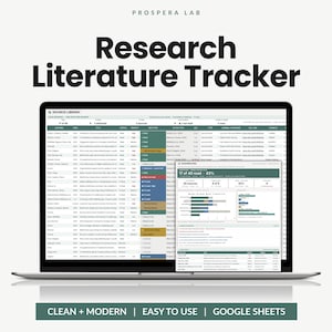 Puede incluir: Una pantalla de portátil que muestra el Research Literature Tracker de Prospera Lab, una herramienta de hoja de cálculo digital para organizar fuentes académicas. La interfaz incluye una tabla de biblioteca, un panel de control y columnas de estado.