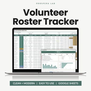Könnte beinhalten: Ein Laptop-Bildschirm zeigt den Prospera Lab Volunteer Roster Tracker, eine Google Sheets-Vorlage. Die Benutzeroberfläche enthält eine detaillierte Tabelle mit einem Freiwilligenverzeichnis und ein Dashboard mit Daten, Diagrammen und Spalten.