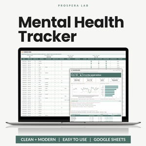 Può includere: Un tracker digitale per la salute mentale visualizzato su uno schermo di un computer portatile, con un'interfaccia a foglio di calcolo con colonne per data, umore, ansia e sonno, e una dashboard sovrapposta che mostra grafici e dati.