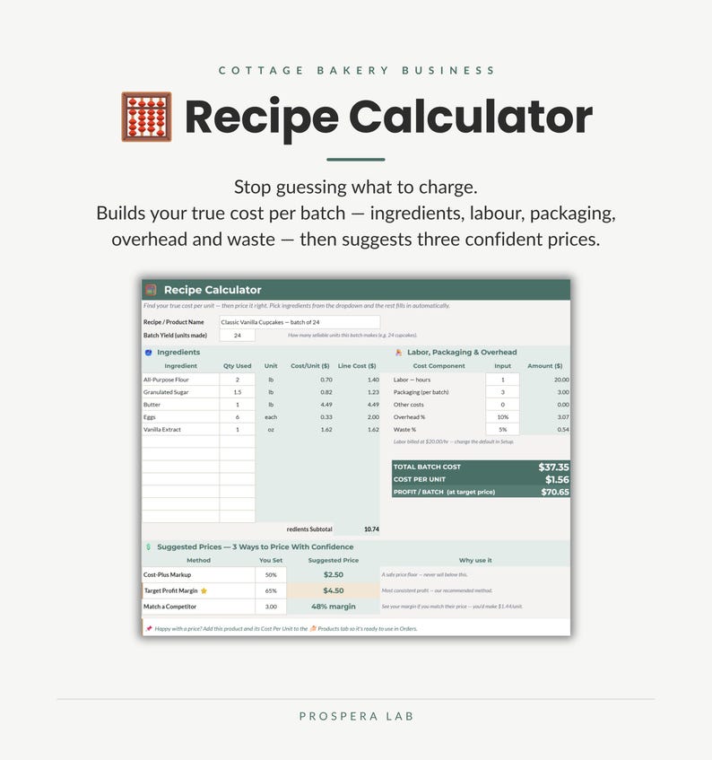 May include: A digital Cottage Bakery Business Recipe Calculator spreadsheet interface. The layout includes sections for ingredients, labor, packaging, overhead, and waste costs, with a final section displaying three suggested prices for products.