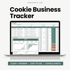 Puede incluir: Una pantalla de portátil que muestra una hoja de cálculo Cookie Business Tracker con una tabla de pedidos y un panel de control. La interfaz presenta tonos verdes y blancos, con columnas para fechas de pedido, clientes y estado de pago.