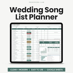 Puede incluir: Una tableta digital que muestra un Wedding Song List Planner de Prospera Lab. La pantalla presenta una hoja de cálculo detallada con columnas para títulos de canciones, artistas y categorías, junto a un panel con gráficos y métricas.