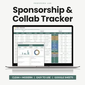 Może przedstawiać: Ekran laptopa wyświetlający szablon Google Sheets o nazwie Prospera Lab Sponsorship & Collab Tracker. Interfejs pokazuje szczegółowy arkusz kalkulacyjny do śledzenia umów z kolumnami dotyczącymi marki, kontaktu, platformy oraz wartości.