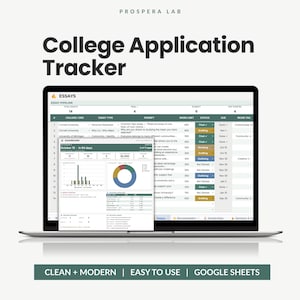 Puede incluir: Un rastreador digital de solicitudes universitarias en la pantalla de una computadora portátil, con un panel de control con gráficos y una tabla de seguimiento de ensayos. Incluye columnas para nombres de universidades, tipos y fechas.