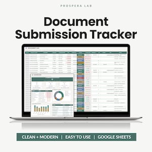 May include: A laptop screen displaying a Document Submission Tracker spreadsheet by Prospera Lab. The interface features a document log with status columns, a dashboard overlay with charts, and a summary of project metrics in a clean, organized layout.