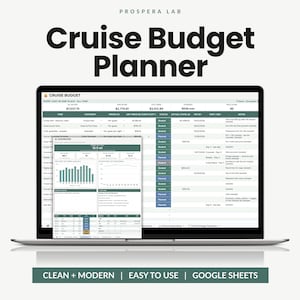 May include: A digital cruise budget planner displayed on a laptop screen, featuring a spreadsheet interface with columns for item, category, price, status, and notes. The dashboard includes financial summaries, charts, and tables for tracking expenses.