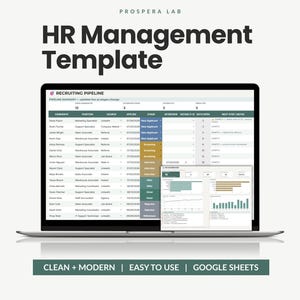 May include: A laptop screen displays a Prospera Lab HR Management Template for a recruiting pipeline in Google Sheets. The interface features columns for candidate details, application dates, and stages, with a dashboard overlay showing data charts.
