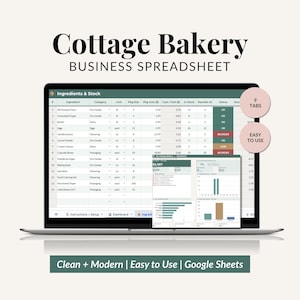 Puede incluir: Una hoja de cálculo digital Cottage Bakery Business Spreadsheet en la pantalla de un portátil, que muestra una tabla de ingredientes y existencias con columnas de categoría, unidad, coste y estado, además de un panel de control y 9 pestañas.