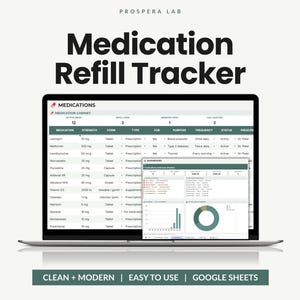 May include: A laptop screen displaying a Prospera Lab Medication Refill Tracker spreadsheet. The interface features a medication cabinet table with columns for medication, strength, form, type, purpose, frequency, and status, plus a dashboard overlay.