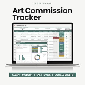 Könnte beinhalten: Ein digitaler Tracker für Kunstaufträge auf einem Laptop-Bildschirm mit einem detaillierten Protokoll, das Spalten für Kunden, Typ, Quelle und Status enthält. Ein Dashboard-Overlay zeigt Finanzsummen, Balkendiagramme und ein Kreisdiagramm.