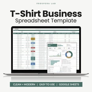 Pode incluir: Uma tela de laptop exibindo um modelo de planilha para negócio de camisetas da Prospera Lab. A interface mostra uma tabela de pedidos com colunas para data, cliente, status e dados de vendas, ao lado de um painel com gráficos e métricas.