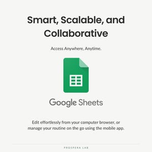 May include: A graphic featuring the Google Sheets logo, a green document icon with a white grid. Text reads: Smart, Scalable, and Collaborative, Access Anywhere, Anytime, Google Sheets, and Edit effortlessly from your computer browser, or manage your routine on the go using the mobile app. Prospera Lab is at the bottom.