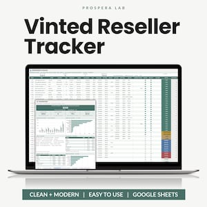 May include: A laptop screen displaying a Vinted Reseller Tracker spreadsheet by Prospera Lab. The interface features a detailed inventory and sales table with columns for item details, pricing, and status, alongside a dashboard with data charts.