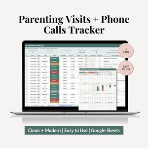 May include: A digital Parenting Visits + Phone Calls Tracker displayed on a laptop screen. The spreadsheet features columns for date, type, status, and time. A calendar overlay shows monthly views. Text includes 5 TABS and EASY TO USE.