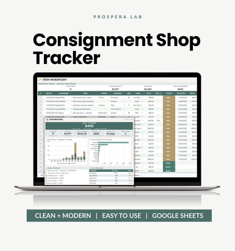 May include: A laptop screen displaying the Prospera Lab Consignment Shop Tracker, a digital inventory management tool for Google Sheets. The interface features a detailed item inventory table, a dashboard with sales charts, and financial data.