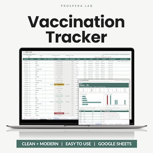 Puede incluir: Una pantalla de portátil que muestra el Vaccination Tracker de Prospera Lab, una hoja de cálculo digital con un registro de vacunas y un panel. La interfaz incluye columnas para fechas, nombres, vacunas y estado, con gráficos.