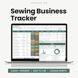 May include: A digital sewing business tracker displayed on a laptop screen. The interface features a project list with columns for status, priority, and materials, alongside a dashboard showing financial data, bar charts, and a circular pie chart.