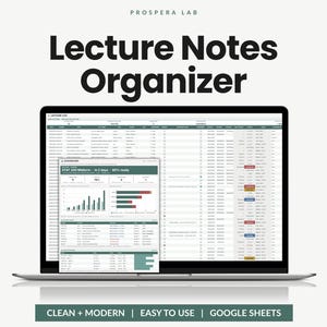 Può includere: Un organizzatore digitale di appunti di lezione visualizzato su uno schermo di un portatile, con una dashboard con grafici e una tabella di registro dettagliata. Il testo recita Prospera Lab, Lecture Notes Organizer e Clean + Modern | Easy to Use | Google Sheets.