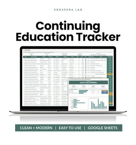 Continuing Education Tracker, CEU Tracker, License Renewal Log, Professional Certification Hours Spreadsheet (Google Sheets)