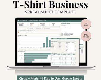 Pianificatore aziendale per la vendita di t-shirt, foglio di calcolo per l'inventario, monitoraggio di ordini e spese, calcolatore di profitti, modello per abbigliamento (Fogli Google)