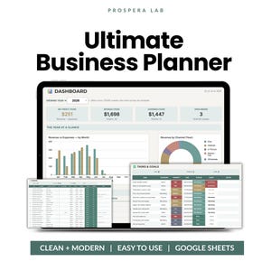 Puede incluir: Una plantilla de planificador de negocios digital para Google Sheets titulada Ultimate Business Planner de Prospera Lab. La interfaz muestra un panel con gráficos financieros, ingresos, gastos y una tabla de tareas y objetivos con columnas.