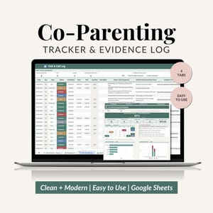 Può includere: Un tracker digitale per la co-genitorialità e registro delle prove visualizzato su uno schermo di un portatile. L'interfaccia presenta un registro di visite e chiamate con colonne per date, stati e note, oltre a una dashboard con grafici.