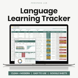 May include: A digital language learning tracker displayed on a laptop screen, featuring a word bank spreadsheet with columns for words, meanings, and review status, alongside a dashboard showing progress charts, graphs, and data analytics.