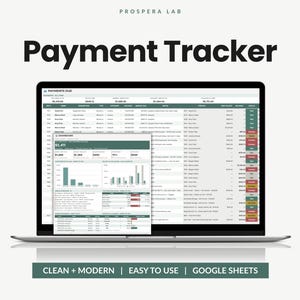 Pode incluir: Uma tela de laptop exibindo o Payment Tracker da Prospera Lab, uma planilha digital com colunas para nomes, descrições, datas e status de pagamento. Uma sobreposição mostra gráficos financeiros e totais em verde e branco.