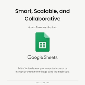 May include: A digital graphic featuring the Google Sheets logo, a green document icon with a white grid. Text reads: Smart, Scalable, and Collaborative, Access Anywhere, Anytime, Google Sheets, and Edit effortlessly from your computer browser, or manage your routine on the go using the mobile app. Prospera Lab is at the bottom.