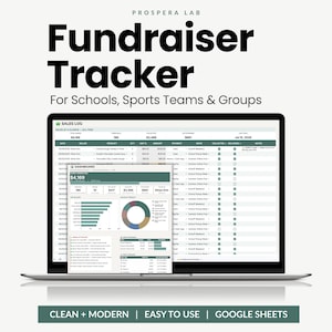 May include: A digital fundraiser tracker template for Google Sheets displayed on a laptop screen. The interface features a sales log and a dashboard with charts, graphs, and data tables for tracking school or team sales, totals, and progress.
