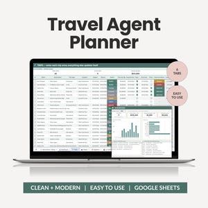 Può includere: Un pianificatore digitale per agenti di viaggio visualizzato sullo schermo di un portatile, che mostra un foglio di calcolo con colonne per cliente, destinazione, tipo di viaggio e stato. L'interfaccia include una dashboard con grafici e due badge circolari.