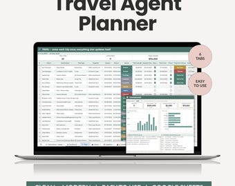 Pianificatore per agenti di viaggio, CRM per consulenti di viaggio + monitoraggio delle commissioni, foglio di calcolo per clienti, viaggi e fornitori, gestione aziendale per agenzie ospitanti (Fogli Google)
