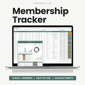 May include: A laptop screen displaying a Prospera Lab Membership Tracker spreadsheet with a dashboard overlay. The interface features columns for member names, contact details, and status, alongside charts and data tables for tracking membership metrics.