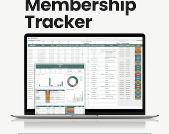 Può includere: Uno schermo di un portatile mostra un foglio di calcolo Prospera Lab Membership Tracker con una dashboard in sovrimpressione. L'interfaccia presenta colonne per nomi, contatti e stati, insieme a grafici e tabelle per il monitoraggio dei dati.