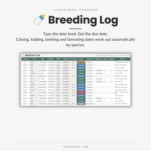 Pu&ograve; includere: Un registro di allevamento digitale per il monitoraggio del bestiame con colonne per tag della madre, padre, data di accoppiamento, specie, data prevista, giorni al parto, stato, controllo gravidanza, data di nascita, nati e note.