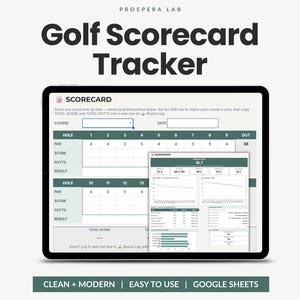 Può includere: Un tracker digitale per segnapunti da golf visualizzato su uno schermo di tablet, con un layout verde e bianco che include campi per percorso, data, par, punteggio e putt per buca. Una dashboard in sovrimpressione mostra grafici e statistiche.