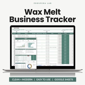May include: A digital business tracker for wax melts displayed on a laptop screen. The interface shows a batch production summary with columns for dates, product names, units made, pour temperatures, and status. A dashboard overlay shows charts.