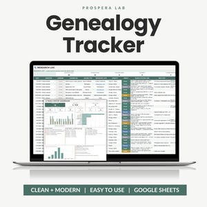 May include: A laptop screen displaying the Prospera Lab Genealogy Tracker, a digital research log and family history dashboard in Google Sheets. The interface features organized columns for dates, ancestors, record types, and search results in green.