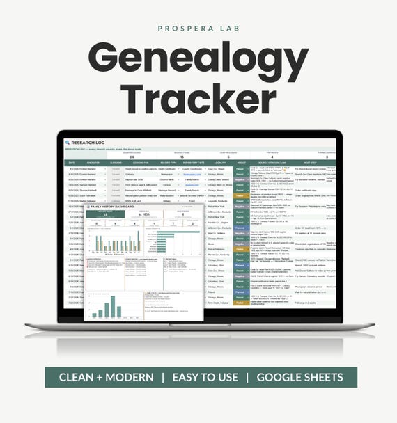 Genealogy Tracker, Family History Organizer, Ancestor Research Log & DNA Match Tracker, Family Tree Template (Google Sheets)