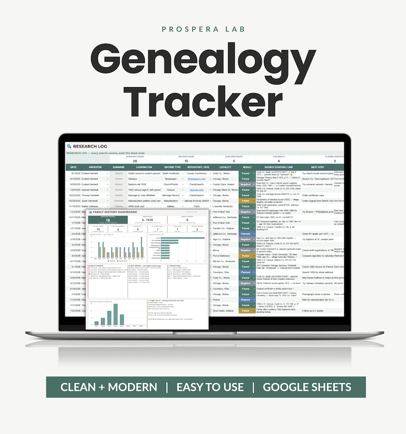 May include: A laptop screen displaying the Prospera Lab Genealogy Tracker, a digital research log and family history dashboard in Google Sheets. The interface features organized columns for dates, ancestors, record types, and search results in green.