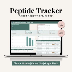 May include: A digital Peptide Tracker spreadsheet template displayed on a laptop screen. The dashboard features charts, injection logs, and weight trends in a green and white color scheme. Text includes Peptide Tracker, 8 TABS, and EASY TO USE.