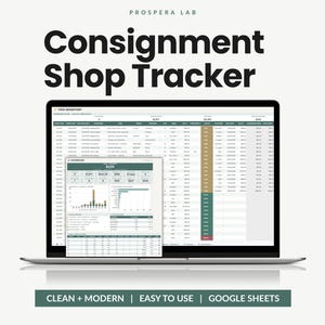 Spårning av konsignationslager, mall för konsignors utbetalningar, försäljningslogg för återförsäljningsbutik, kalkylblad för secondhandbutik (Google Sheets)