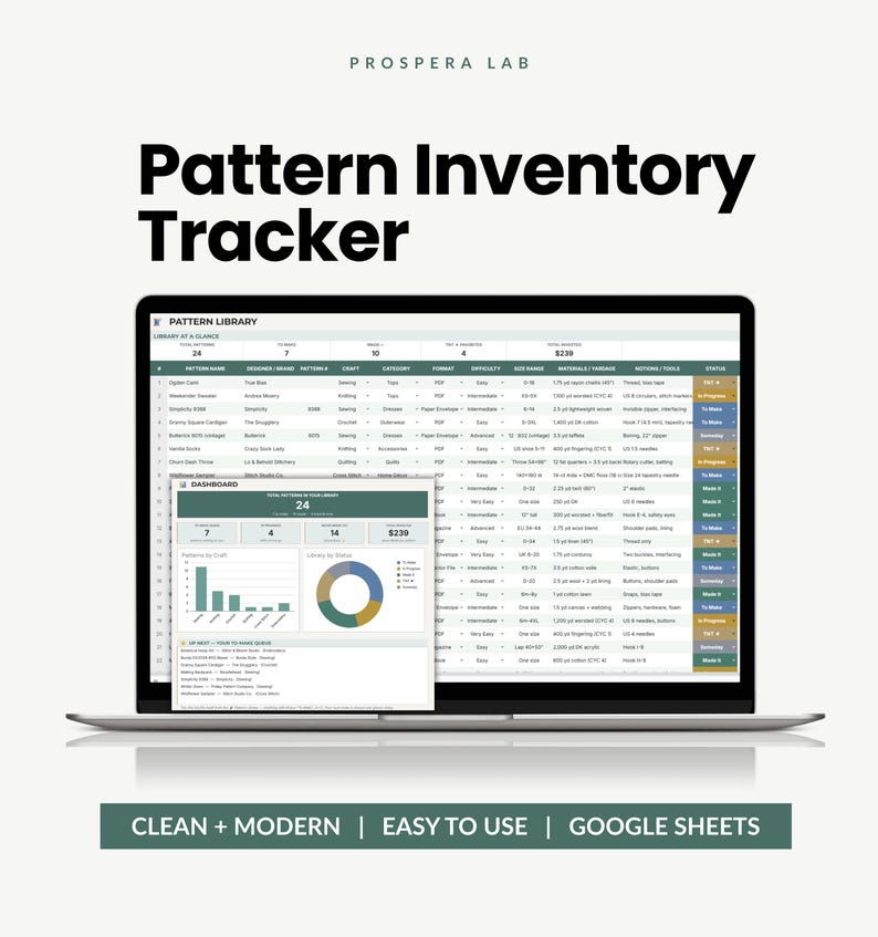 May include: A digital Pattern Inventory Tracker by Prospera Lab displayed on a laptop screen. The interface shows a detailed spreadsheet of sewing patterns, including columns for designer, craft, format, and status, alongside a dashboard summary.