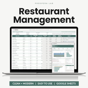 May include: A laptop screen displaying a Prospera Lab restaurant management spreadsheet with a menu item table and a dashboard chart. The interface includes columns for menu items, prices, units sold, plate costs, and profit margins.