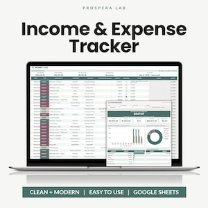 Puede incluir: Una pantalla de portátil que muestra el rastreador de ingresos y gastos Prospera Lab, una plantilla de Google Sheets. La interfaz muestra un registro financiero detallado con columnas para fecha, tipo, descripción, categoría y cuenta.